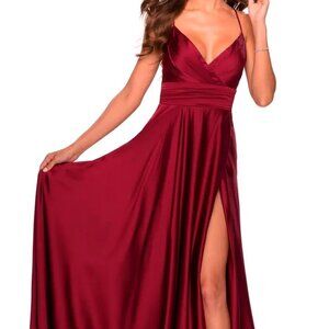 La Femme Wine Red Strappy Back Side Slit Satin Ballgown